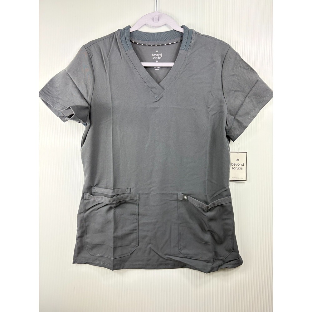 Beyond Scrubs Womens Top M Dream Pewter Gray V-Neck Scrub Uniform Pocket Stretch
